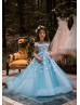 Beaded Blue Tulle 3D Flowers Keyhole Back Flower Girl Dress